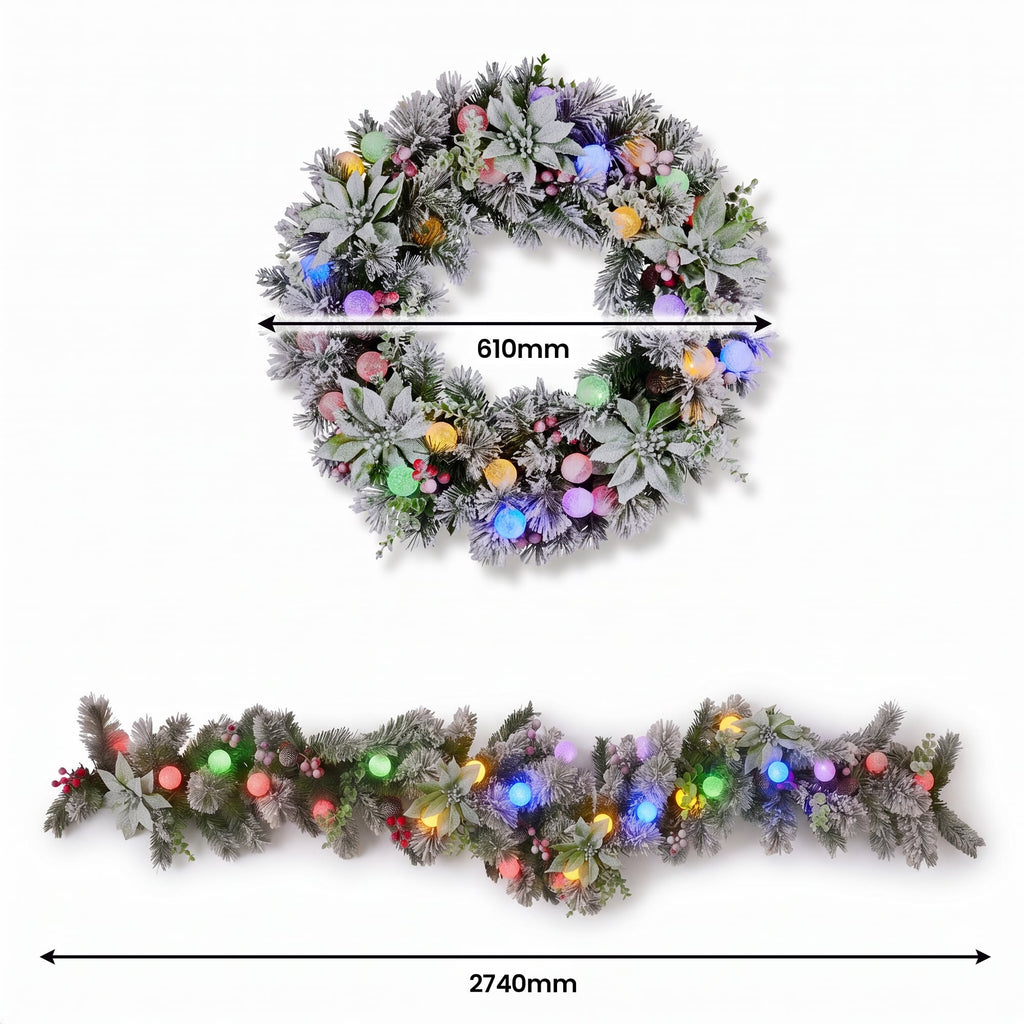 Christabelle Snowy Crown Pine Christmas 2pc Set 6cm Christmas Wreath and Garland with LED Lights Holiday Decor
