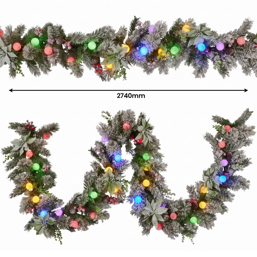 Christabelle Snowy Crown Pine Christmas 2pc Set 6cm Christmas Wreath and Garland with LED Lights Holiday Decor