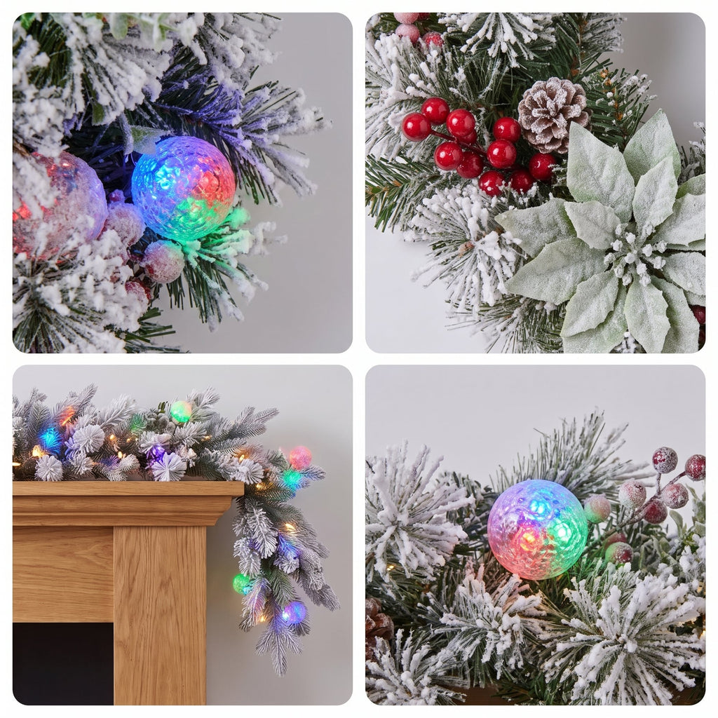 Christabelle Snowy Crown Pine Christmas 2pc Set 6cm Christmas Wreath and Garland with LED Lights Holiday Decor