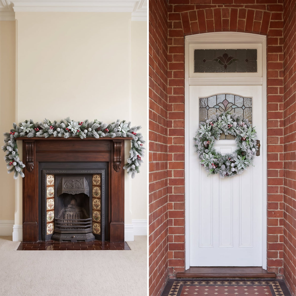 Christabelle Snowy Crown Pine Christmas 2pc Set 6cm Christmas Wreath and Garland with LED Lights Holiday Decor