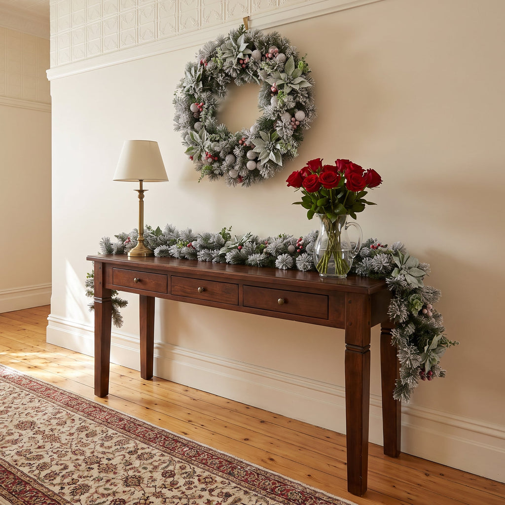 Christabelle Snowy Crown Pine Christmas 2pc Set 6cm Christmas Wreath and Garland with LED Lights Holiday Decor