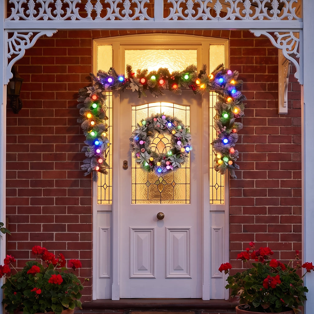 Christabelle Snowy Crown Pine Christmas 2pc Set 6cm Christmas Wreath and Garland with LED Lights Holiday Decor