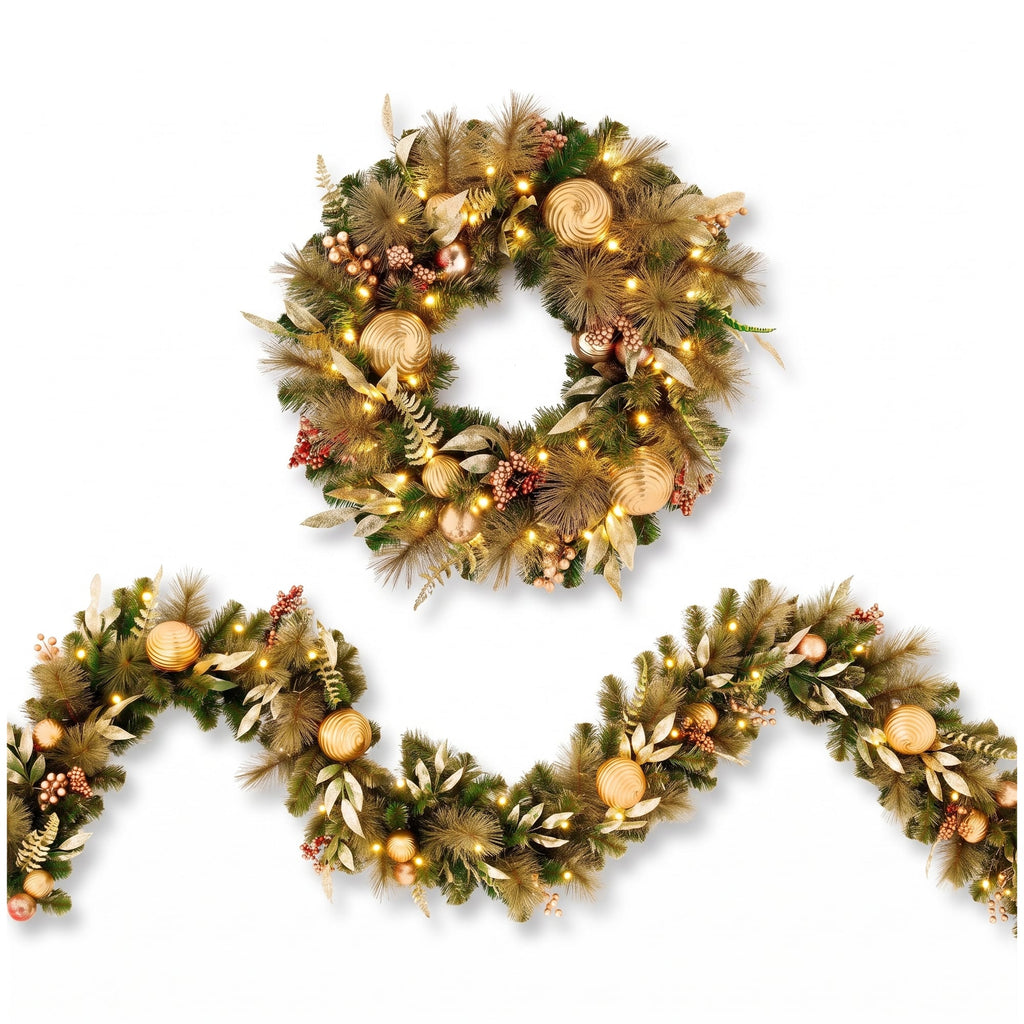Christabelle Deluxe Mountain Pine Christmas 2pc Set 61cm Wreath and 2.74m Garland with LED Lights Holiday Decor