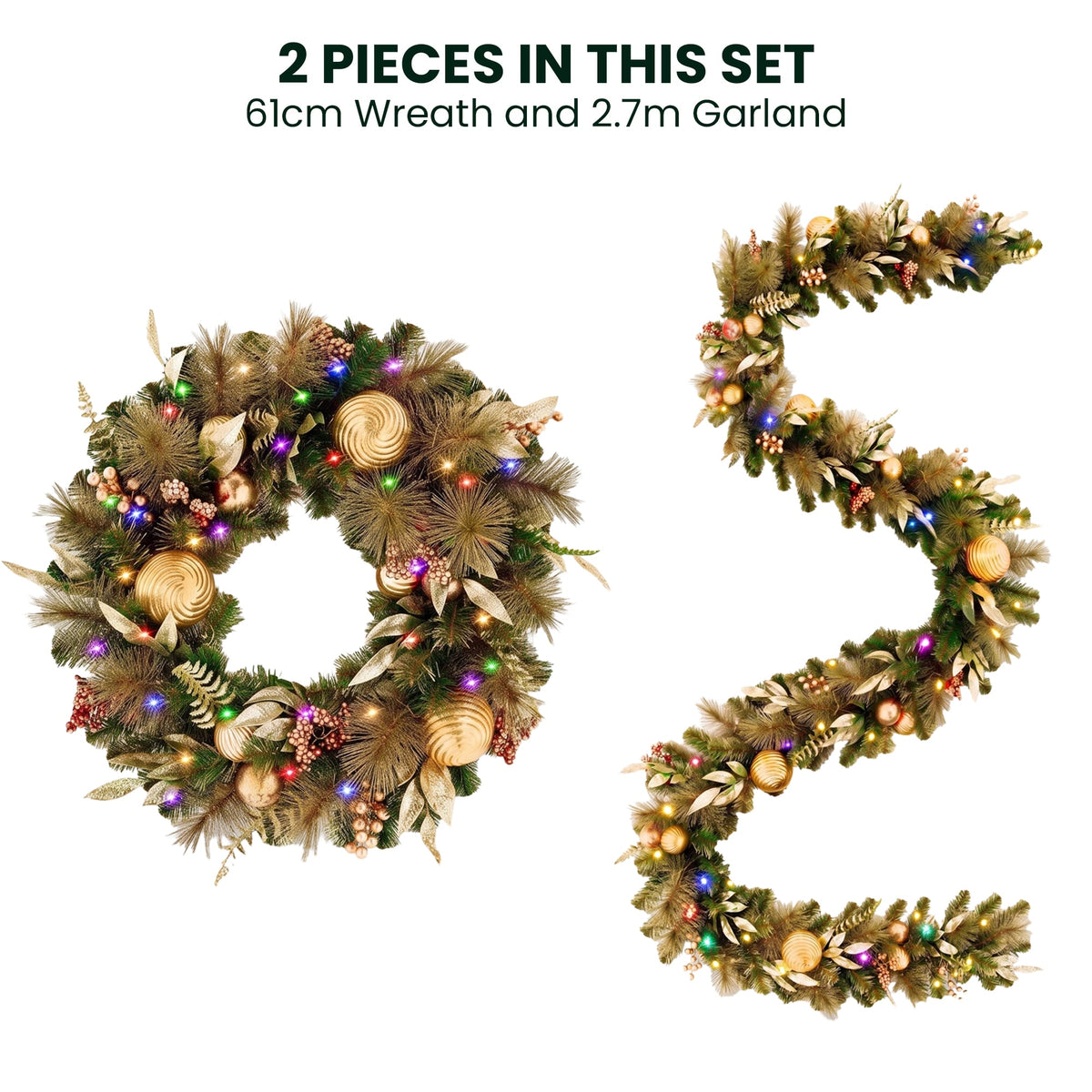 Christabelle Deluxe Mountain Pine Christmas 2pc Set 61cm Wreath and 2.74m Garland with LED Lights Holiday Decor