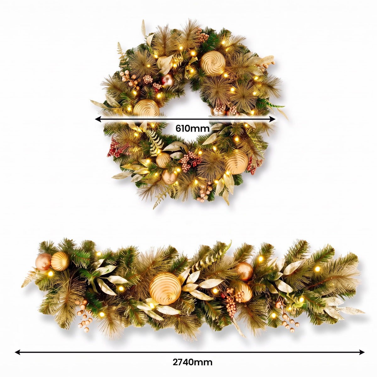 Christabelle Deluxe Mountain Pine Christmas 2pc Set 61cm Wreath and 2.74m Garland with LED Lights Holiday Decor