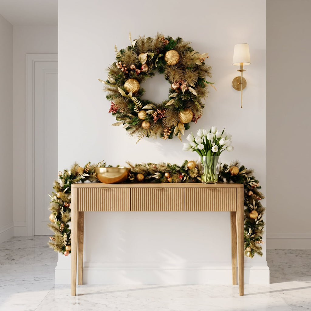 Christabelle Deluxe Mountain Pine Christmas 2pc Set 61cm Wreath and 2.74m Garland with LED Lights Holiday Decor