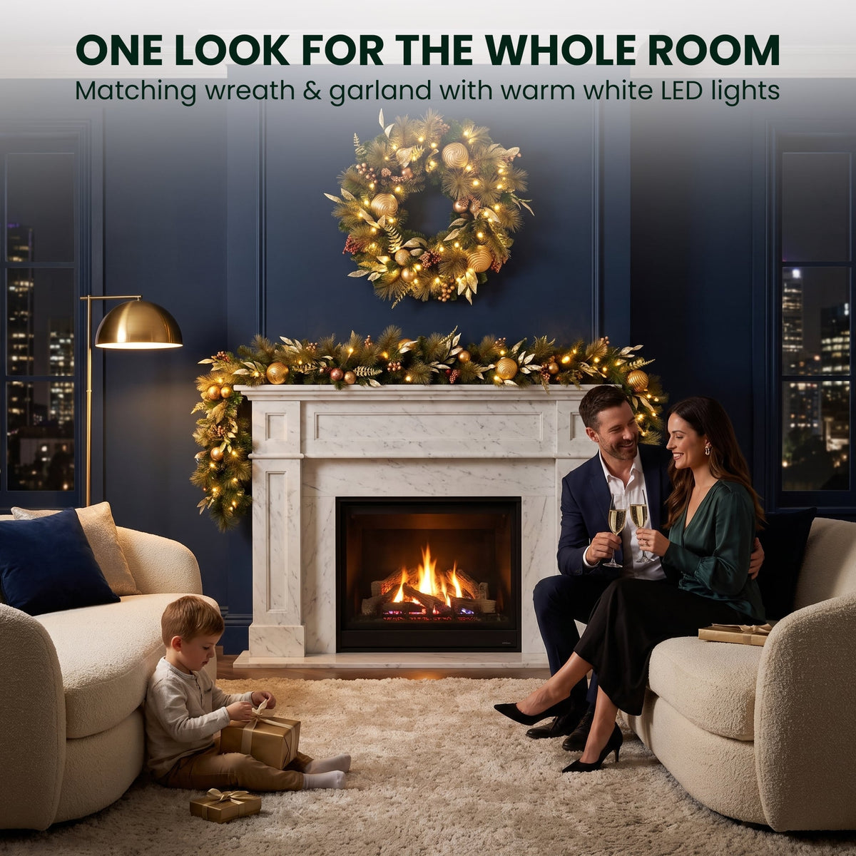 Christabelle Deluxe Mountain Pine Christmas 2pc Set 61cm Wreath and 2.74m Garland with LED Lights Holiday Decor