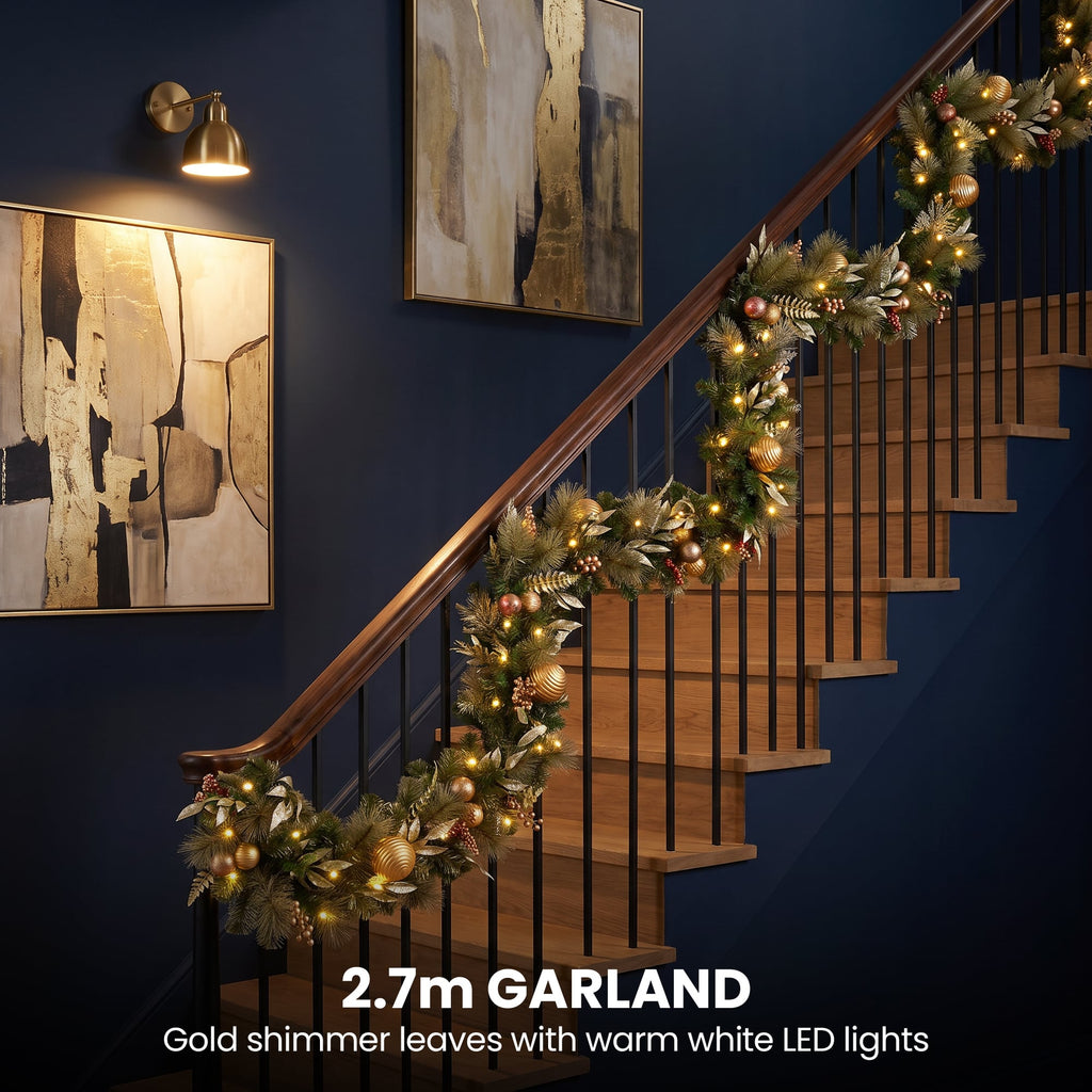 Christabelle Deluxe Mountain Pine Christmas 2pc Set 61cm Wreath and 2.74m Garland with LED Lights Holiday Decor