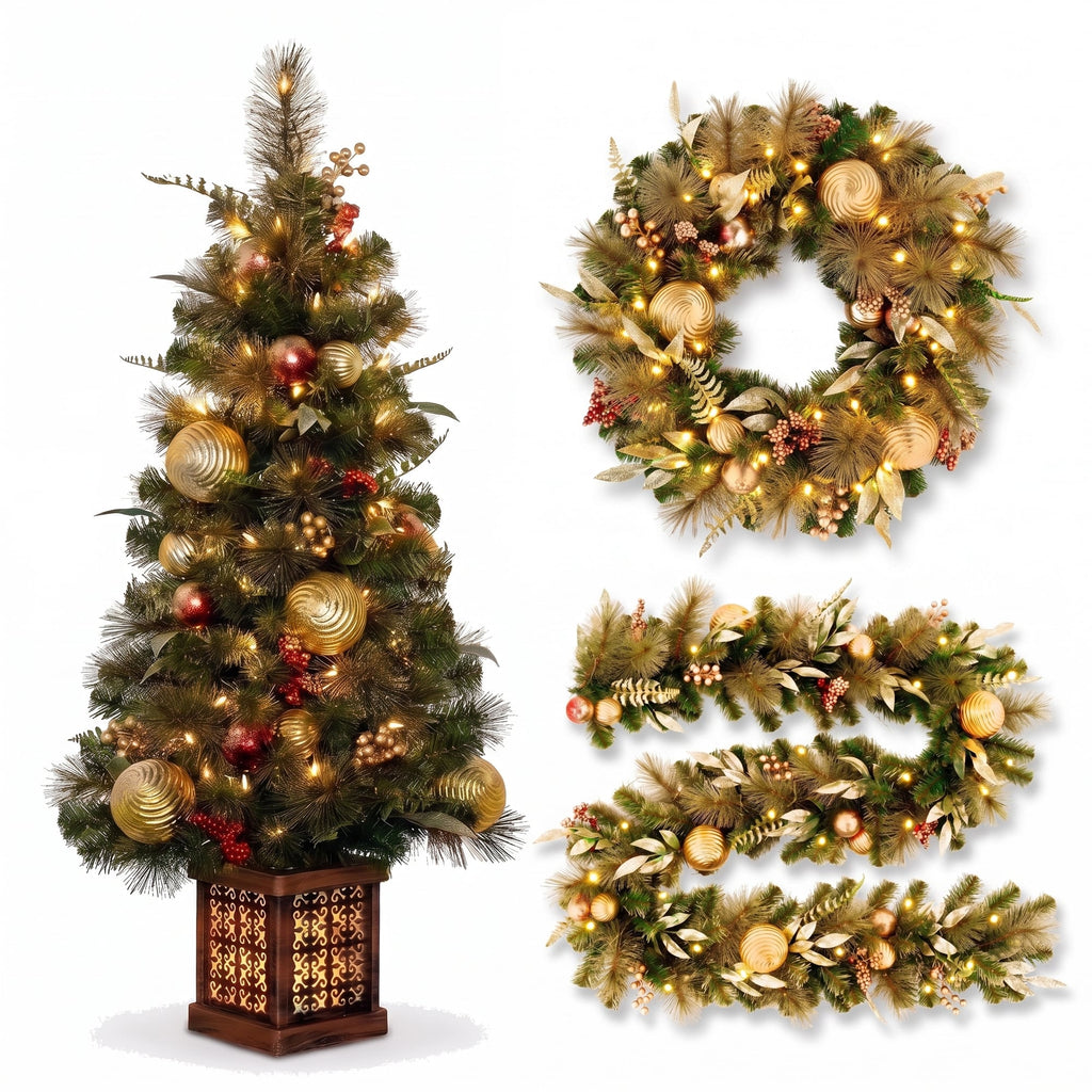 Christabelle Deluxe Mountain Pine Christmas 3pc Set 1.2m Potted Tree Wreath and Garland with LED Lights Holiday Decor