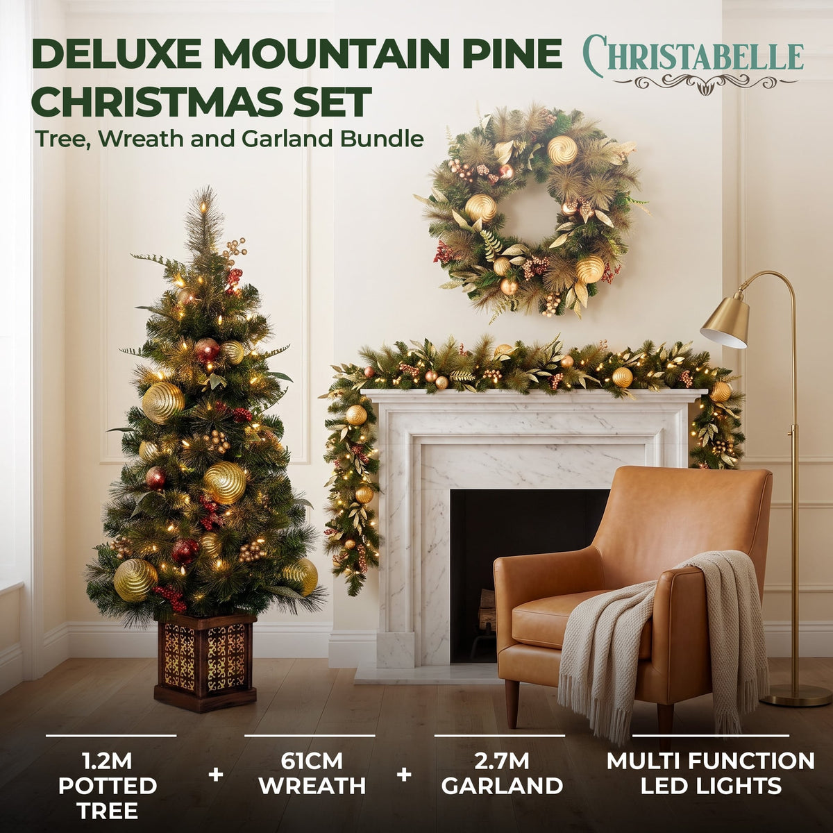 Christabelle Deluxe Mountain Pine Christmas 3pc Set 1.2m Potted Tree Wreath and Garland with LED Lights Holiday Decor