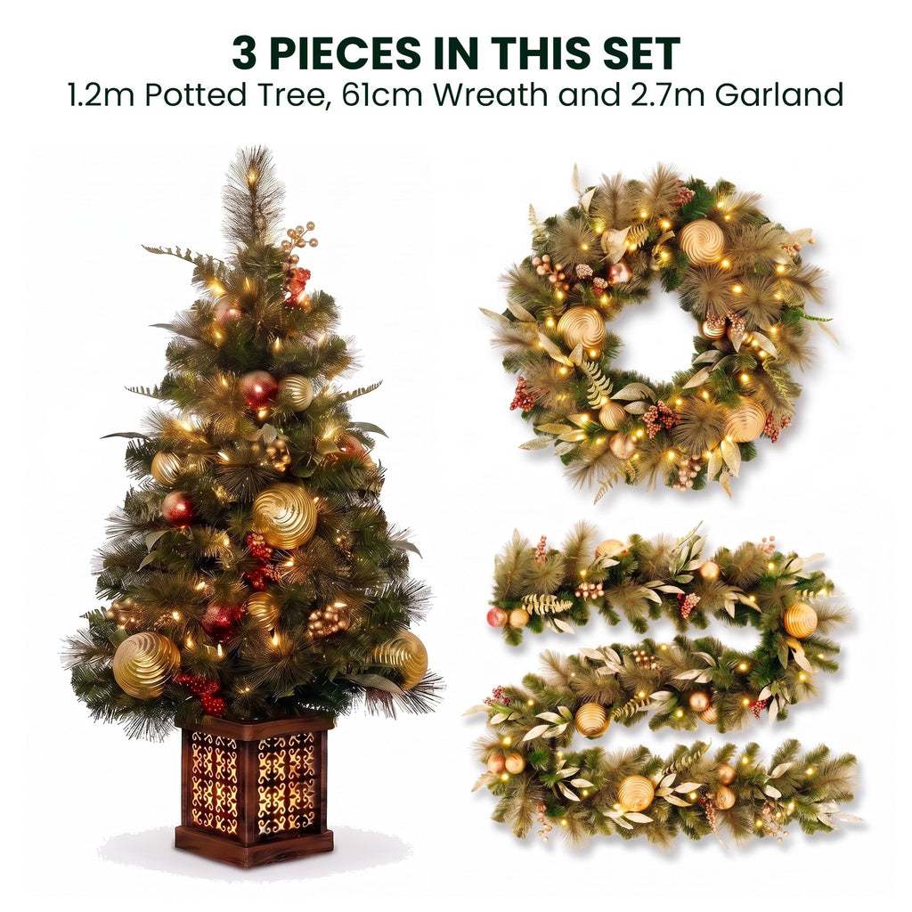 Christabelle Deluxe Mountain Pine Christmas 3pc Set 1.2m Potted Tree Wreath and Garland with LED Lights Holiday Decor