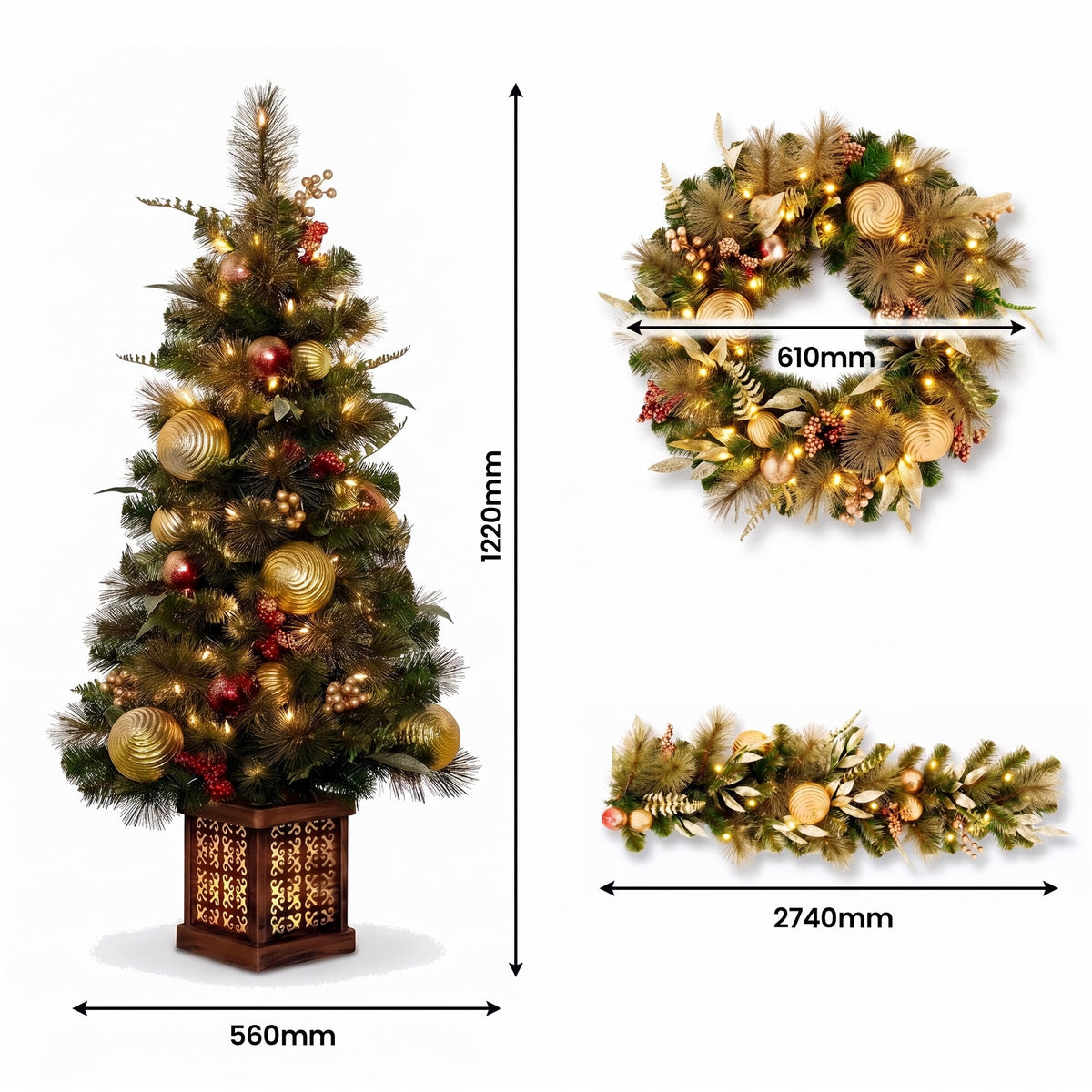 Christabelle Deluxe Mountain Pine Christmas 3pc Set 1.2m Potted Tree Wreath and Garland with LED Lights Holiday Decor