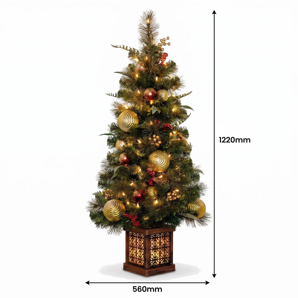Christabelle Deluxe Mountain Pine Christmas 3pc Set 1.2m Potted Tree Wreath and Garland with LED Lights Holiday Decor