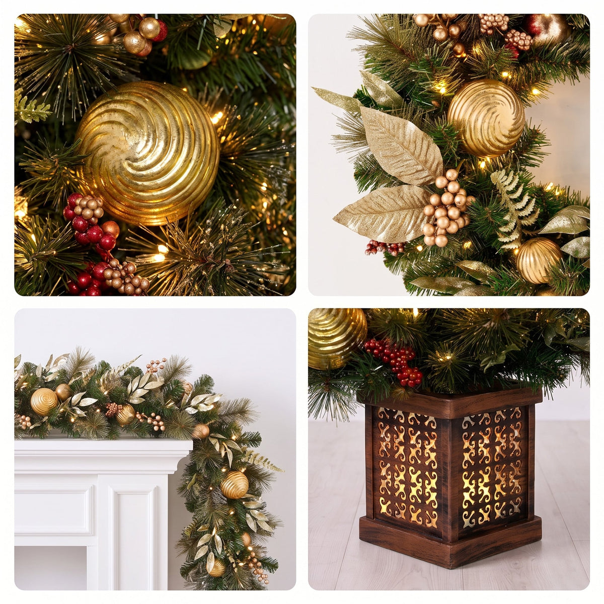 Christabelle Deluxe Mountain Pine Christmas 3pc Set 1.2m Potted Tree Wreath and Garland with LED Lights Holiday Decor