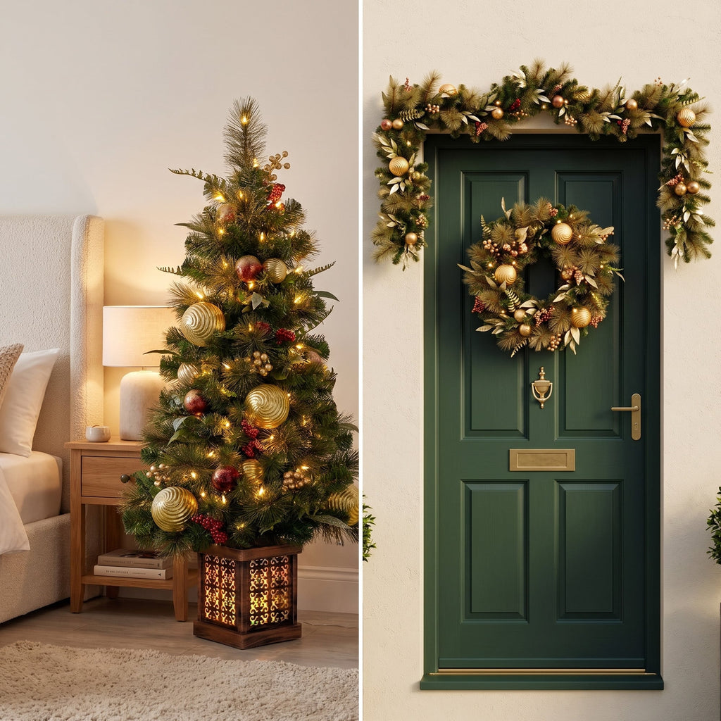 Christabelle Deluxe Mountain Pine Christmas 3pc Set 1.2m Potted Tree Wreath and Garland with LED Lights Holiday Decor