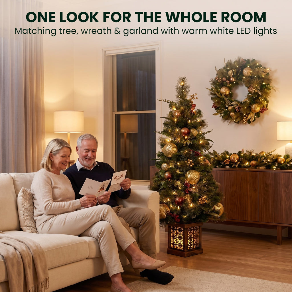 Christabelle Deluxe Mountain Pine Christmas 3pc Set 1.2m Potted Tree Wreath and Garland with LED Lights Holiday Decor
