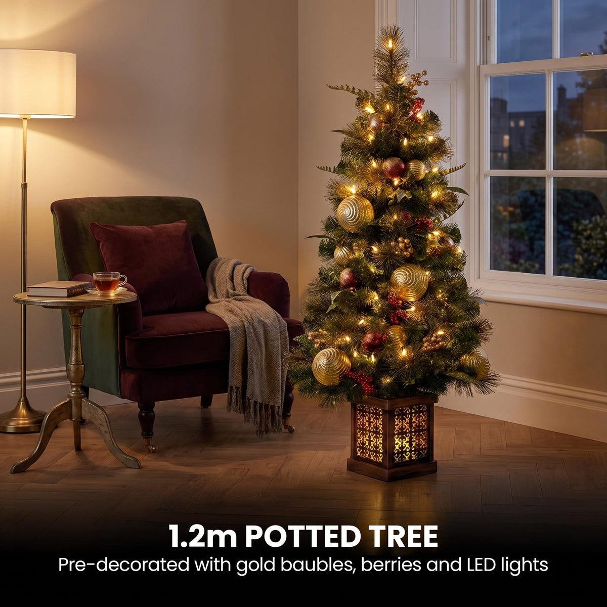 Christabelle Deluxe Mountain Pine Christmas 3pc Set 1.2m Potted Tree Wreath and Garland with LED Lights Holiday Decor