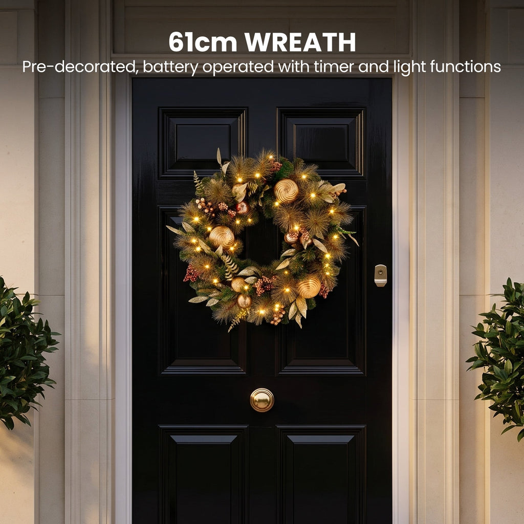 Christabelle Deluxe Mountain Pine Christmas 3pc Set 1.2m Potted Tree Wreath and Garland with LED Lights Holiday Decor