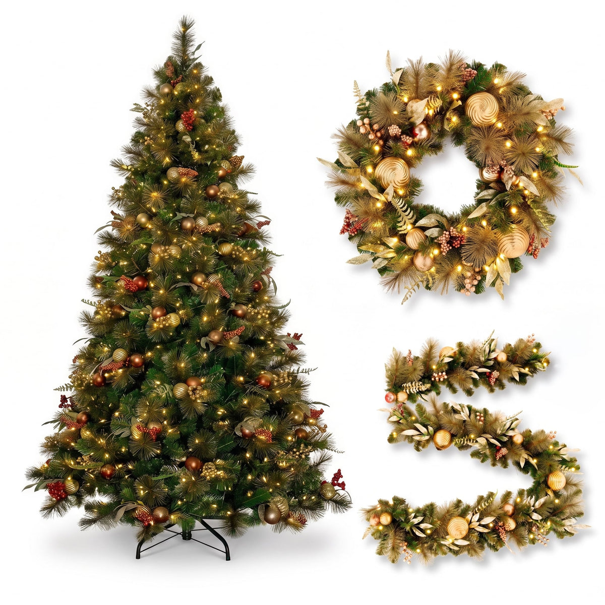 Christabelle Deluxe Mountain Pine 3pc Set 7.5ft Pre-lit Tree 61cm Wreath 2.74m Garland LED Lights Holiday Home Decor