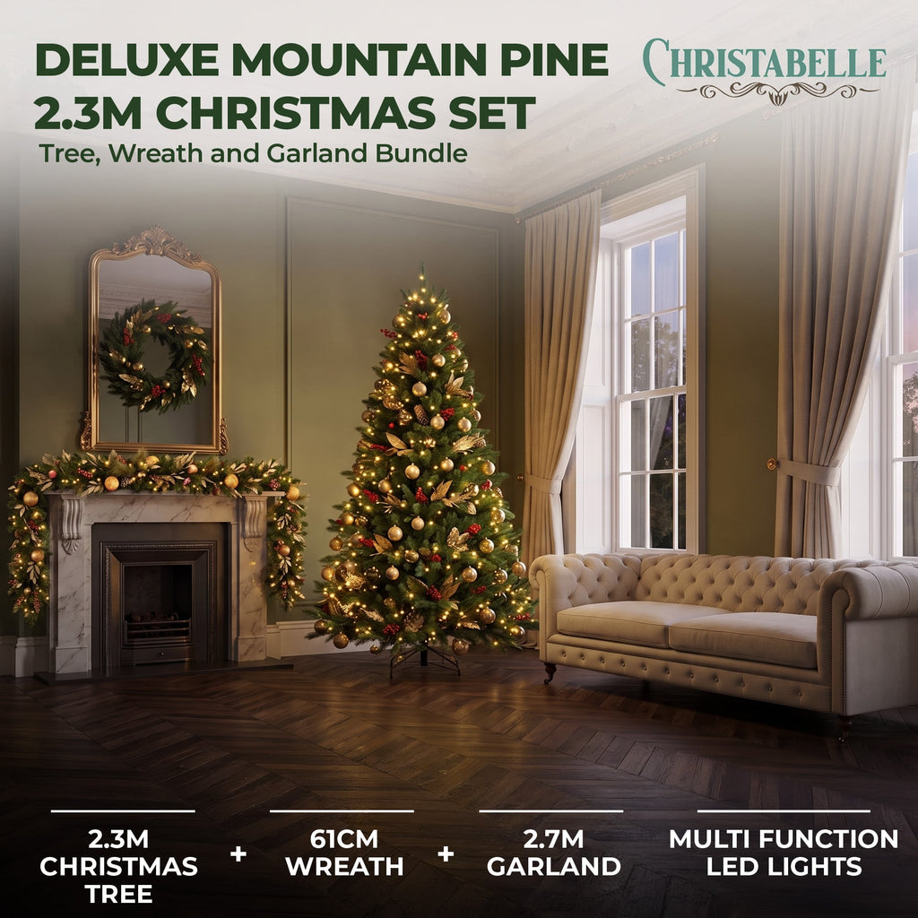 Christabelle Deluxe Mountain Pine 3pc Set 7.5ft Pre-lit Tree 61cm Wreath 2.74m Garland LED Lights Holiday Home Decor