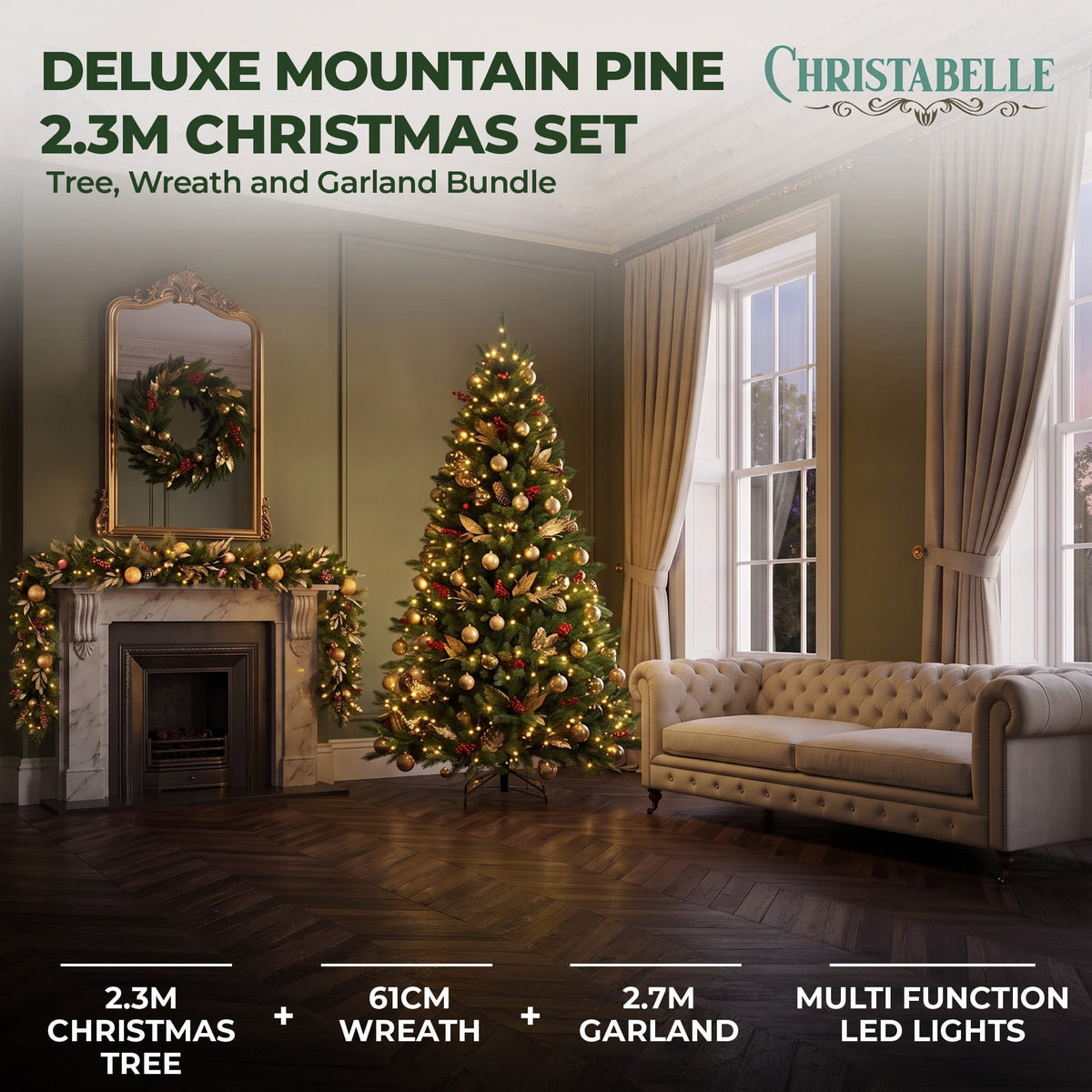 Christabelle Deluxe Mountain Pine 3pc Set 7.5ft Pre-lit Tree 61cm Wreath 2.74m Garland LED Lights Holiday Home Decor