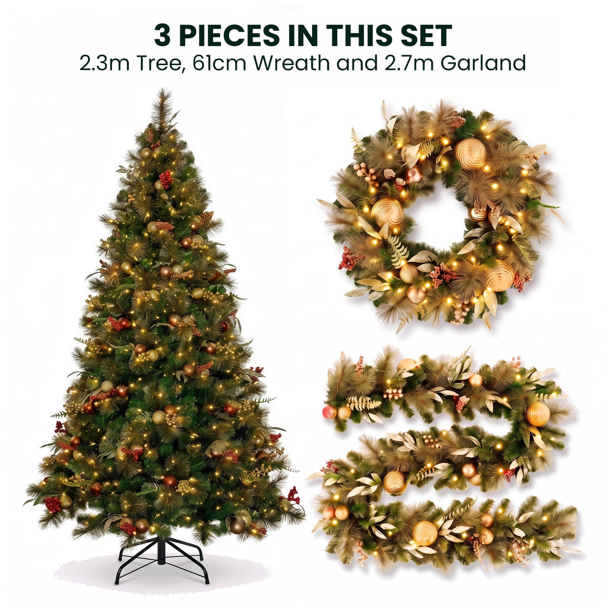Christabelle Deluxe Mountain Pine 3pc Set 7.5ft Pre-lit Tree 61cm Wreath 2.74m Garland LED Lights Holiday Home Decor