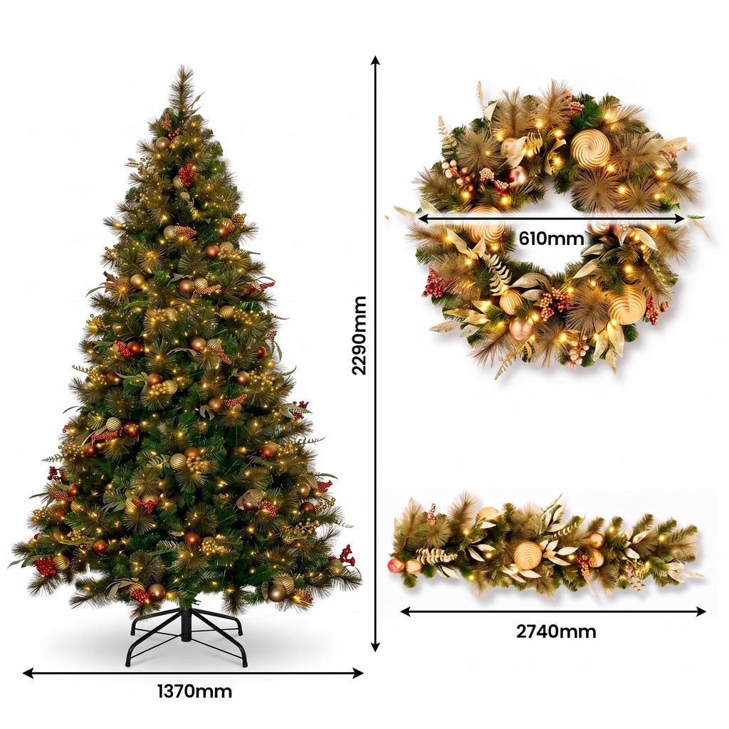 Christabelle Deluxe Mountain Pine 3pc Set 7.5ft Pre-lit Tree 61cm Wreath 2.74m Garland LED Lights Holiday Home Decor