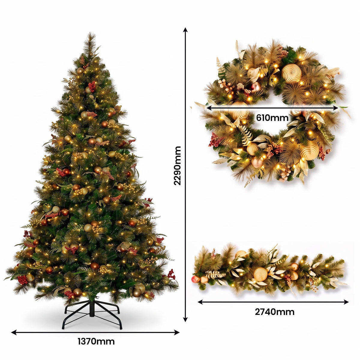 Christabelle Deluxe Mountain Pine 3pc Set 7.5ft Pre-lit Tree 61cm Wreath 2.74m Garland LED Lights Holiday Home Decor
