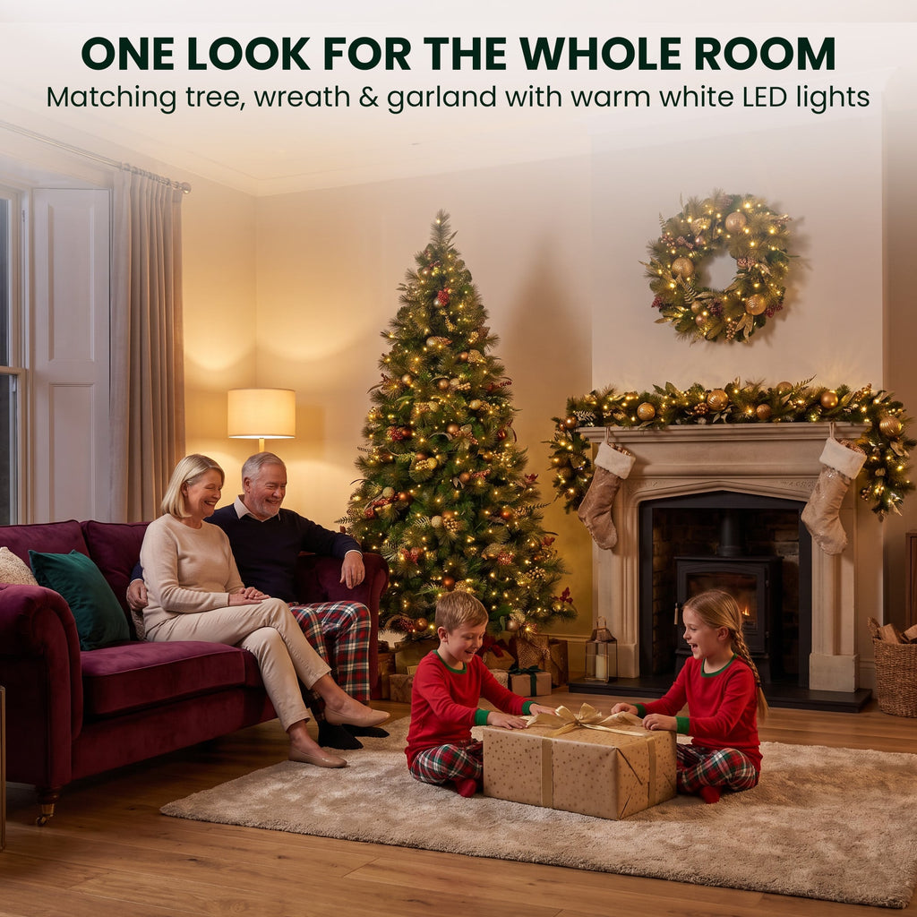 Christabelle Deluxe Mountain Pine 3pc Set 7.5ft Pre-lit Tree 61cm Wreath 2.74m Garland LED Lights Holiday Home Decor