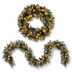 Christabelle Gold Collection Christmas 2pc Set 61cm Wreath and 2.74m Garland with LED Lights Holiday Decor