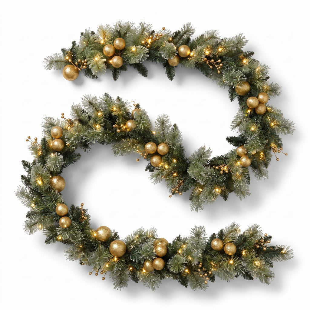 Christabelle Gold Collection Christmas 2pc Set 61cm Wreath and 2.74m Garland with LED Lights Holiday Decor