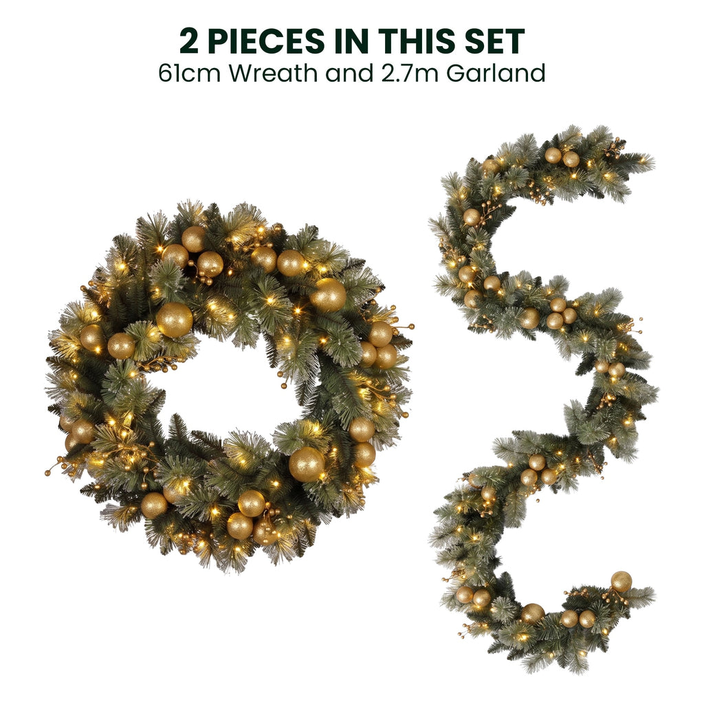 Christabelle Gold Collection Christmas 2pc Set 61cm Wreath and 2.74m Garland with LED Lights Holiday Decor