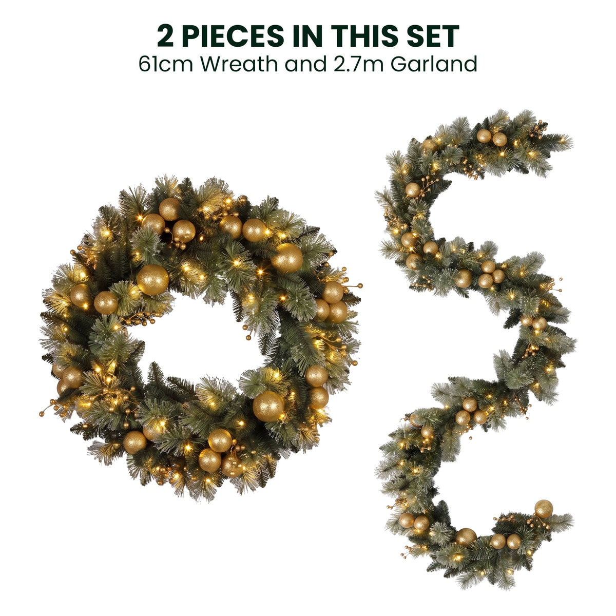 Christabelle Gold Collection Christmas 2pc Set 61cm Wreath and 2.74m Garland with LED Lights Holiday Decor