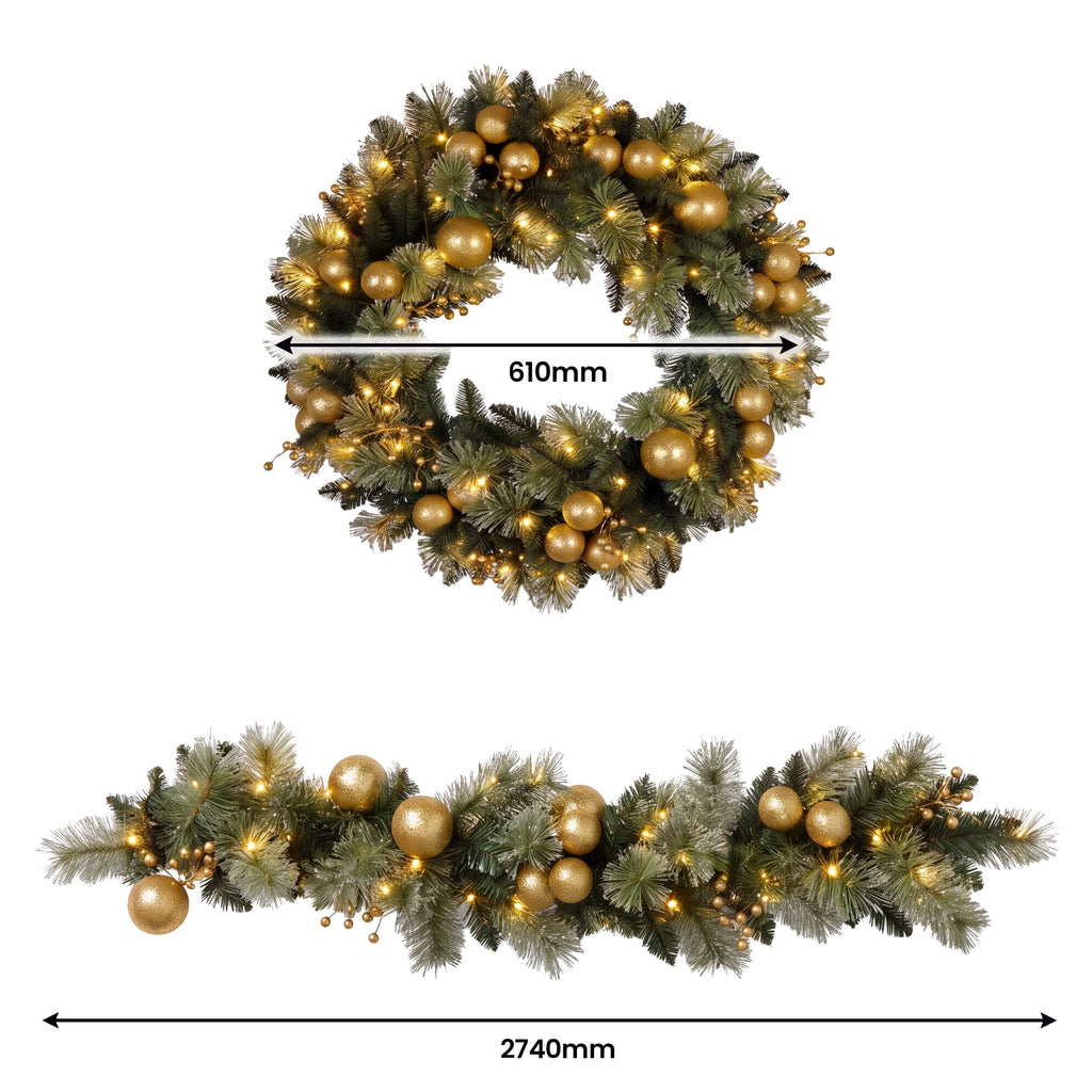 Christabelle Gold Collection Christmas 2pc Set 61cm Wreath and 2.74m Garland with LED Lights Holiday Decor