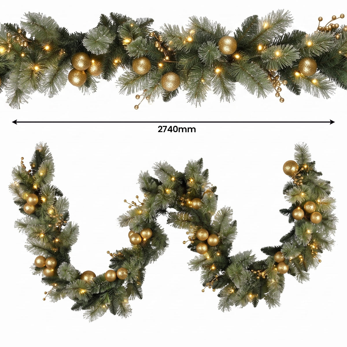 Christabelle Gold Collection Christmas 2pc Set 61cm Wreath and 2.74m Garland with LED Lights Holiday Decor