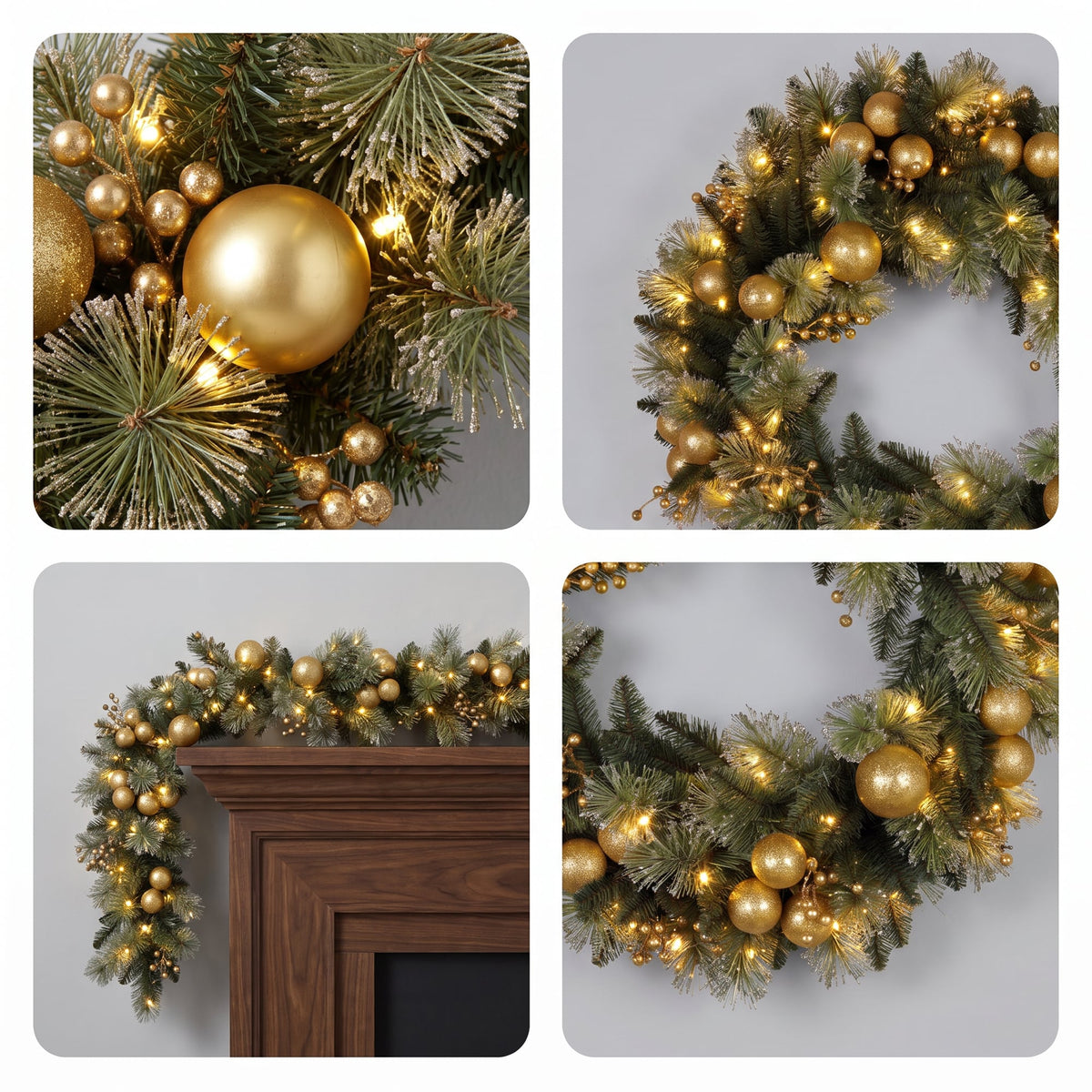 Christabelle Gold Collection Christmas 2pc Set 61cm Wreath and 2.74m Garland with LED Lights Holiday Decor