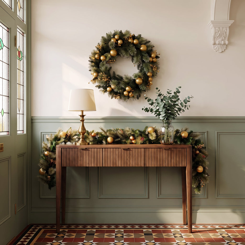 Christabelle Gold Collection Christmas 2pc Set 61cm Wreath and 2.74m Garland with LED Lights Holiday Decor
