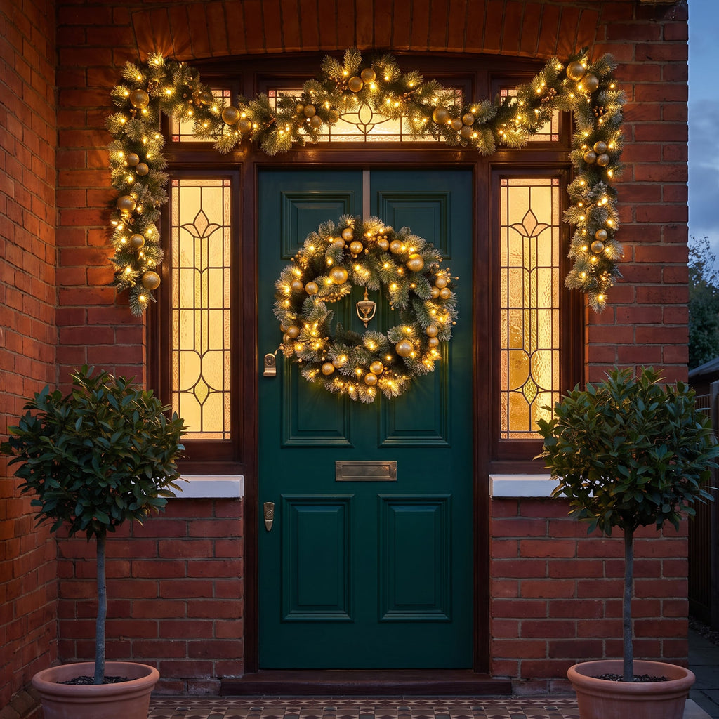 Christabelle Gold Collection Christmas 2pc Set 61cm Wreath and 2.74m Garland with LED Lights Holiday Decor