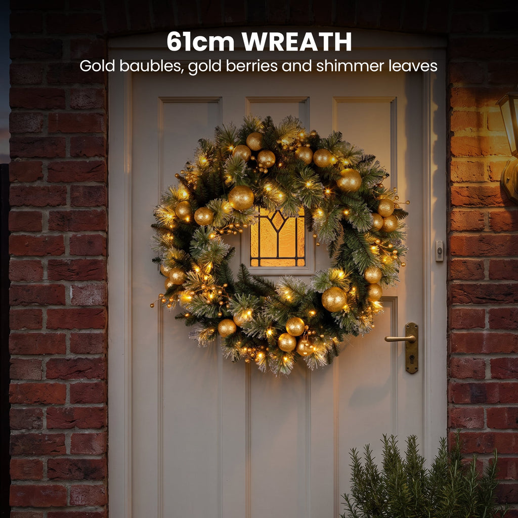 Christabelle Gold Collection Christmas 2pc Set 61cm Wreath and 2.74m Garland with LED Lights Holiday Decor
