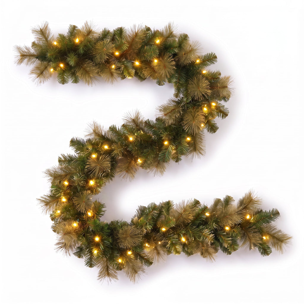 Christabelle Gold Pine Collection Christmas 2pc Set 61cm Wreath and 2.74m Garland with LED Lights Holiday Decor