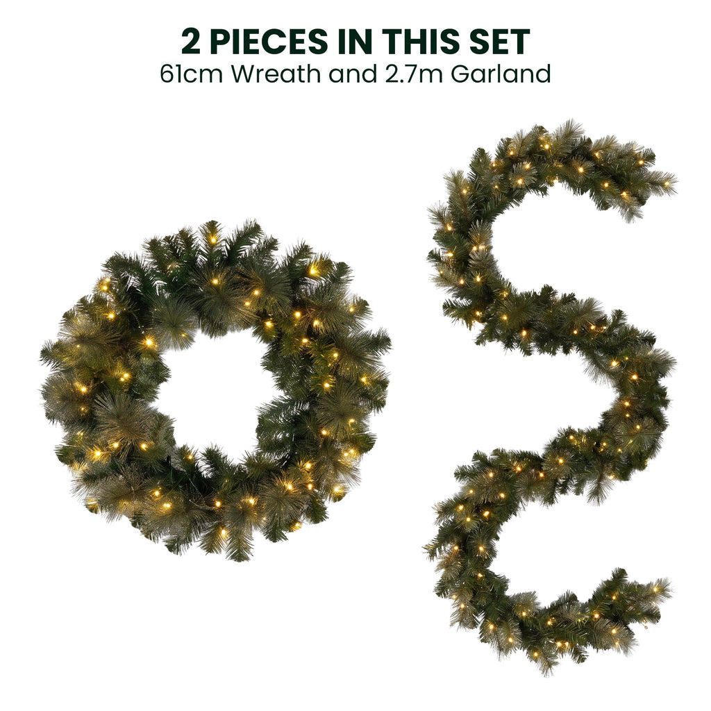 Christabelle Gold Pine Collection Christmas 2pc Set 61cm Wreath and 2.74m Garland with LED Lights Holiday Decor