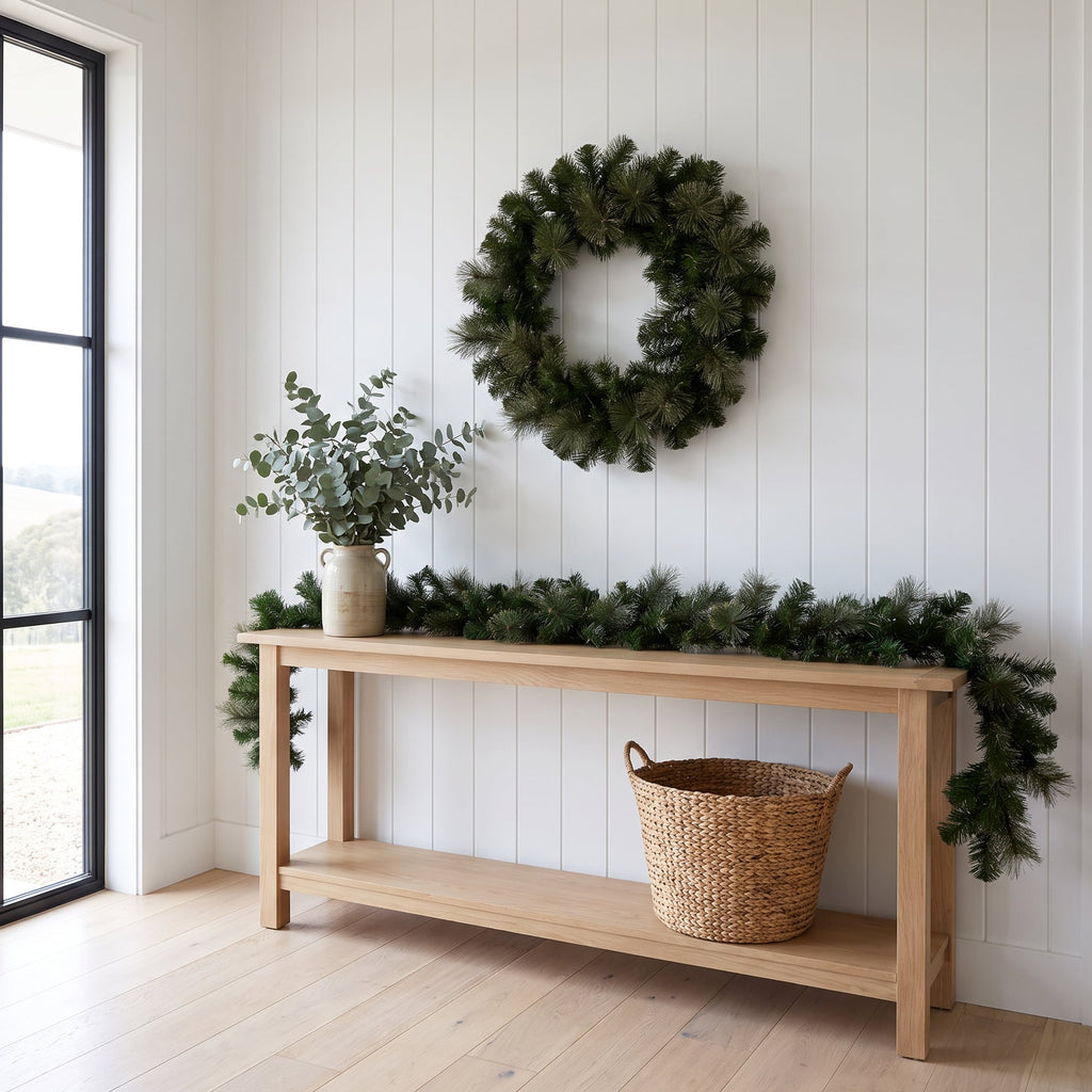 Christabelle Gold Pine Collection Christmas 2pc Set 61cm Wreath and 2.74m Garland with LED Lights Holiday Decor