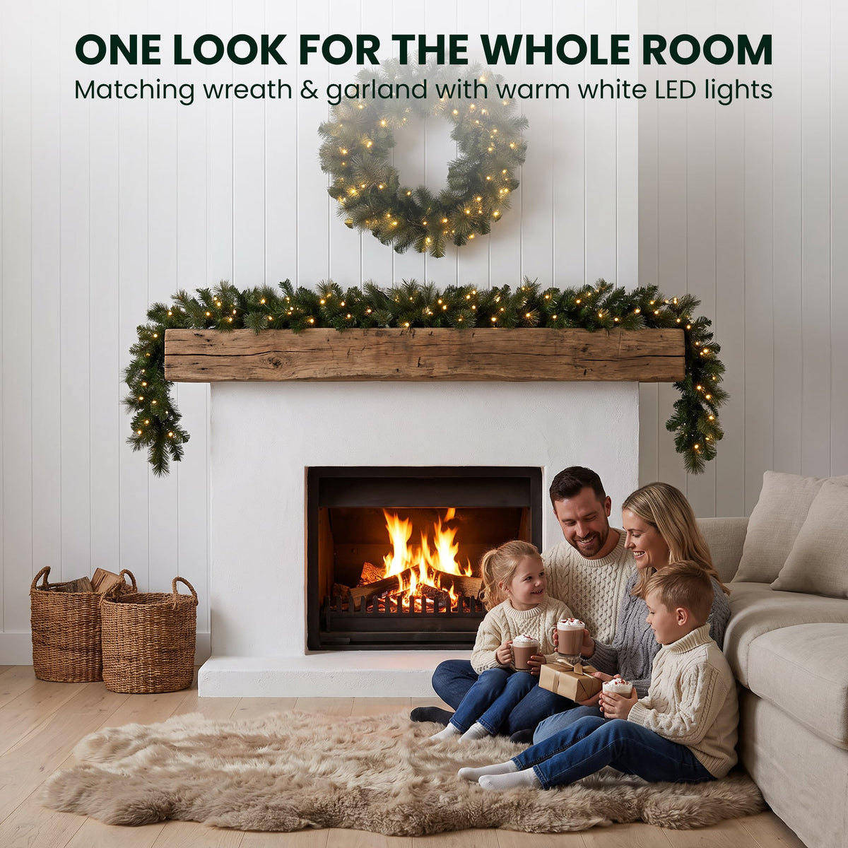 Christabelle Gold Pine Collection Christmas 2pc Set 61cm Wreath and 2.74m Garland with LED Lights Holiday Decor
