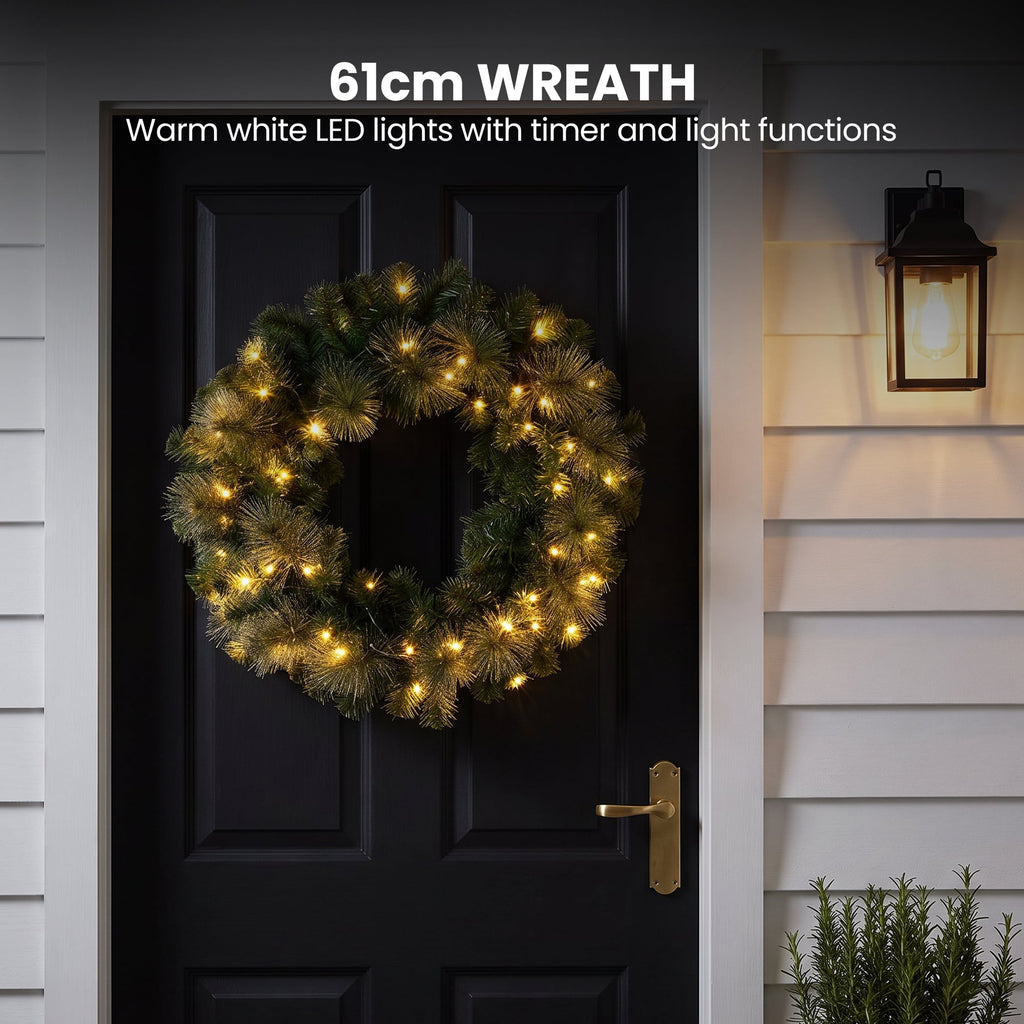 Christabelle Gold Pine Collection Christmas 2pc Set 61cm Wreath and 2.74m Garland with LED Lights Holiday Decor