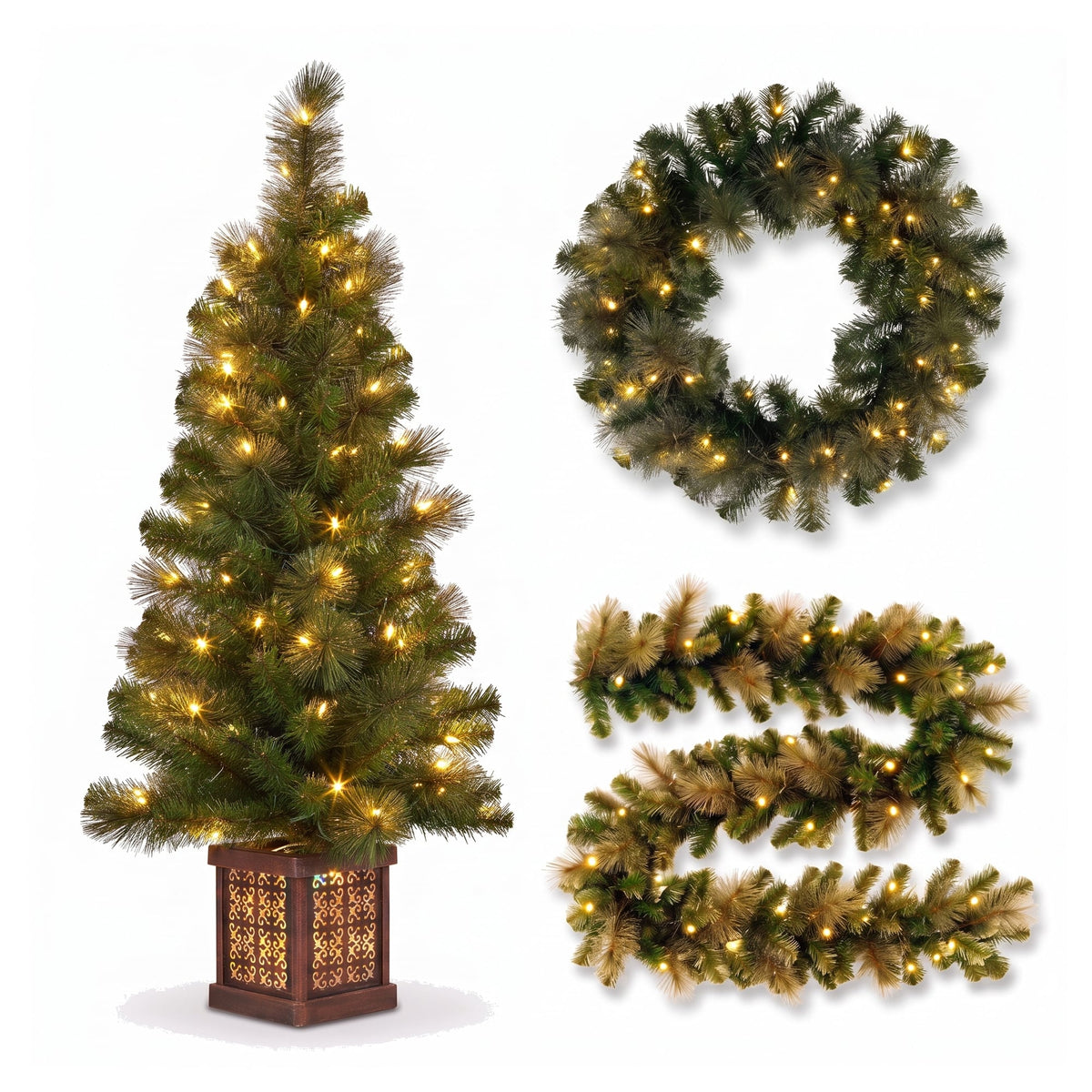Christabelle Gold Pine Shimmer Christmas 3pc Set 1.2m Potted Christmas Tree Wreath and Garland with LED Lights Holiday Decor