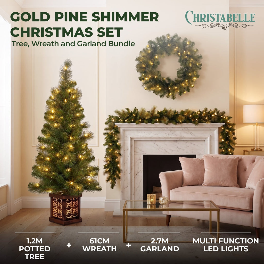 Christabelle Gold Pine Shimmer Christmas 3pc Set 1.2m Potted Christmas Tree Wreath and Garland with LED Lights Holiday Decor