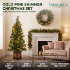 Christabelle Gold Pine Shimmer Christmas 3pc Set 1.2m Potted Christmas Tree Wreath and Garland with LED Lights Holiday Decor