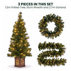Christabelle Gold Pine Shimmer Christmas 3pc Set 1.2m Potted Christmas Tree Wreath and Garland with LED Lights Holiday Decor