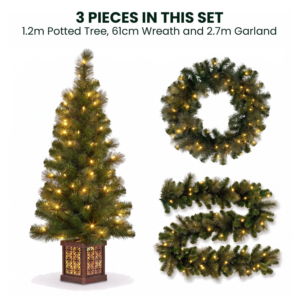 Christabelle Gold Pine Shimmer Christmas 3pc Set 1.2m Potted Christmas Tree Wreath and Garland with LED Lights Holiday Decor