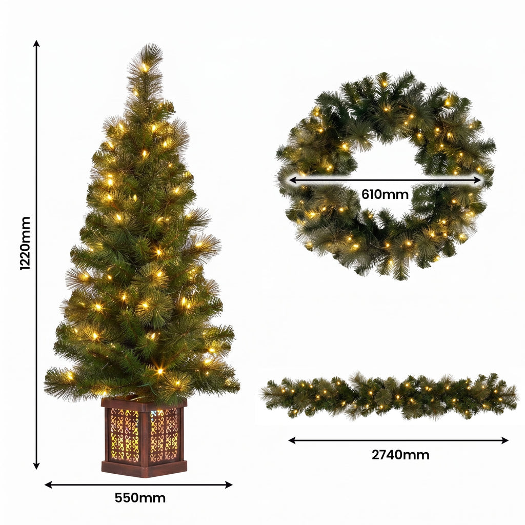 Christabelle Gold Pine Shimmer Christmas 3pc Set 1.2m Potted Christmas Tree Wreath and Garland with LED Lights Holiday Decor